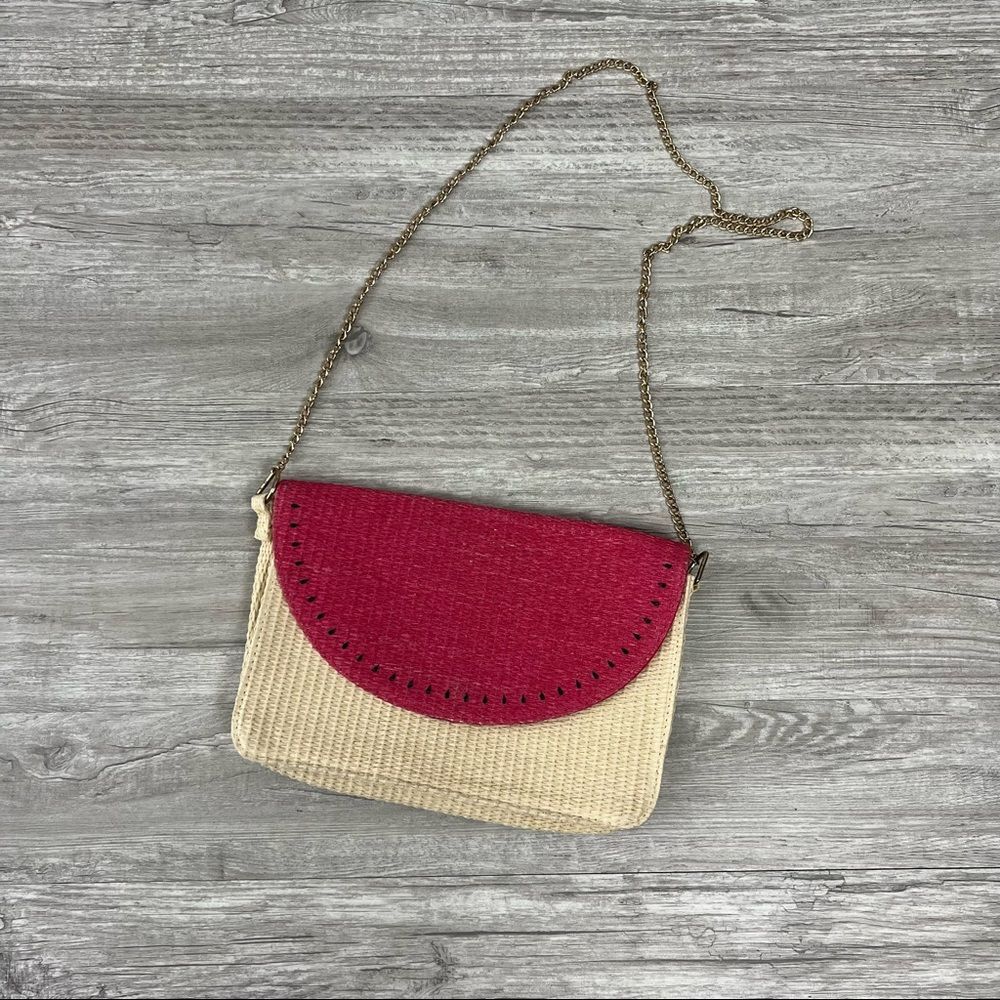 Escada Sorbetto Rosso Watermelon Straw Handbag/Purse/Crossbody Gold Chain